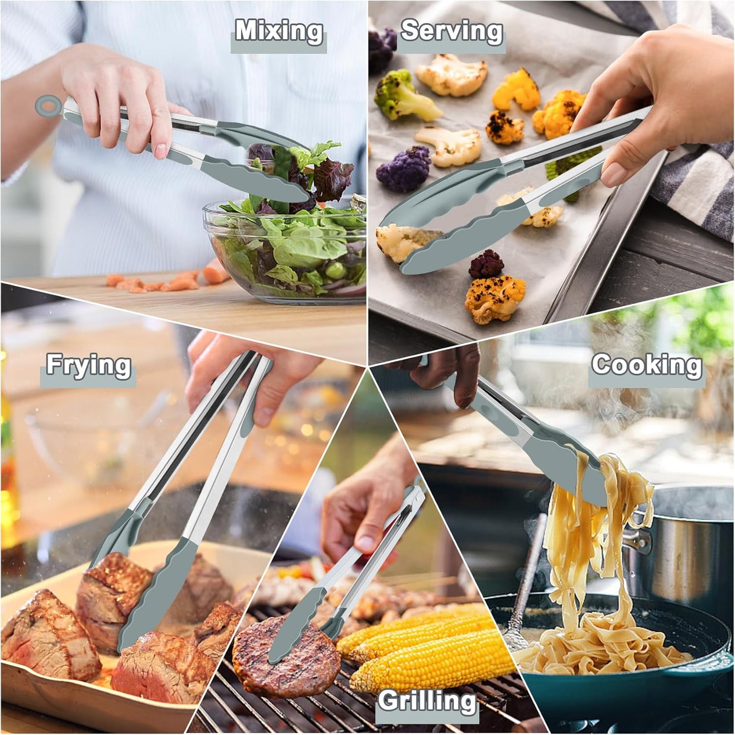 Kitchen Tongs, 9"&12" Stainless Steel Heat Resistant Cooking Tongs | with Silicone Tips for Cooking Grilling Serving & BBQ, Silicone Tongs, Locking Design & Dishwasher Safe, Set of 2 & Khaki