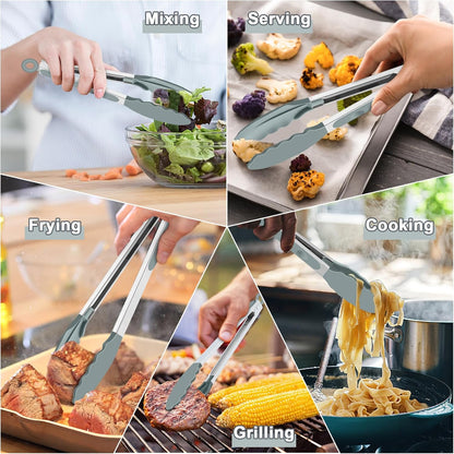Kitchen Tongs, 9"&12" Stainless Steel Heat Resistant Cooking Tongs | with Silicone Tips for Cooking Grilling Serving & BBQ, Silicone Tongs, Locking Design & Dishwasher Safe, Set of 2 & Khaki