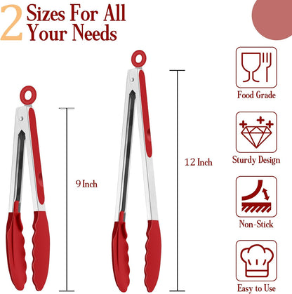 Kitchen Tongs, 9"&12" Stainless Steel Heat Resistant Cooking Tongs | with Silicone Tips for Cooking Grilling Serving & BBQ, Silicone Tongs, Locking Design & Dishwasher Safe, Set of 2 & Khaki
