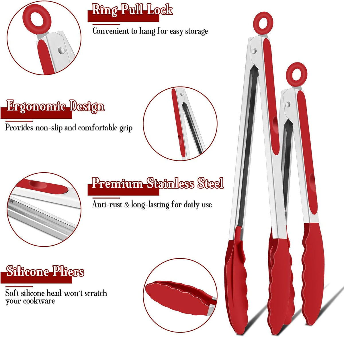 Kitchen Tongs, 9"&12" Stainless Steel Heat Resistant Cooking Tongs | with Silicone Tips for Cooking Grilling Serving & BBQ, Silicone Tongs, Locking Design & Dishwasher Safe, Set of 2 & Khaki