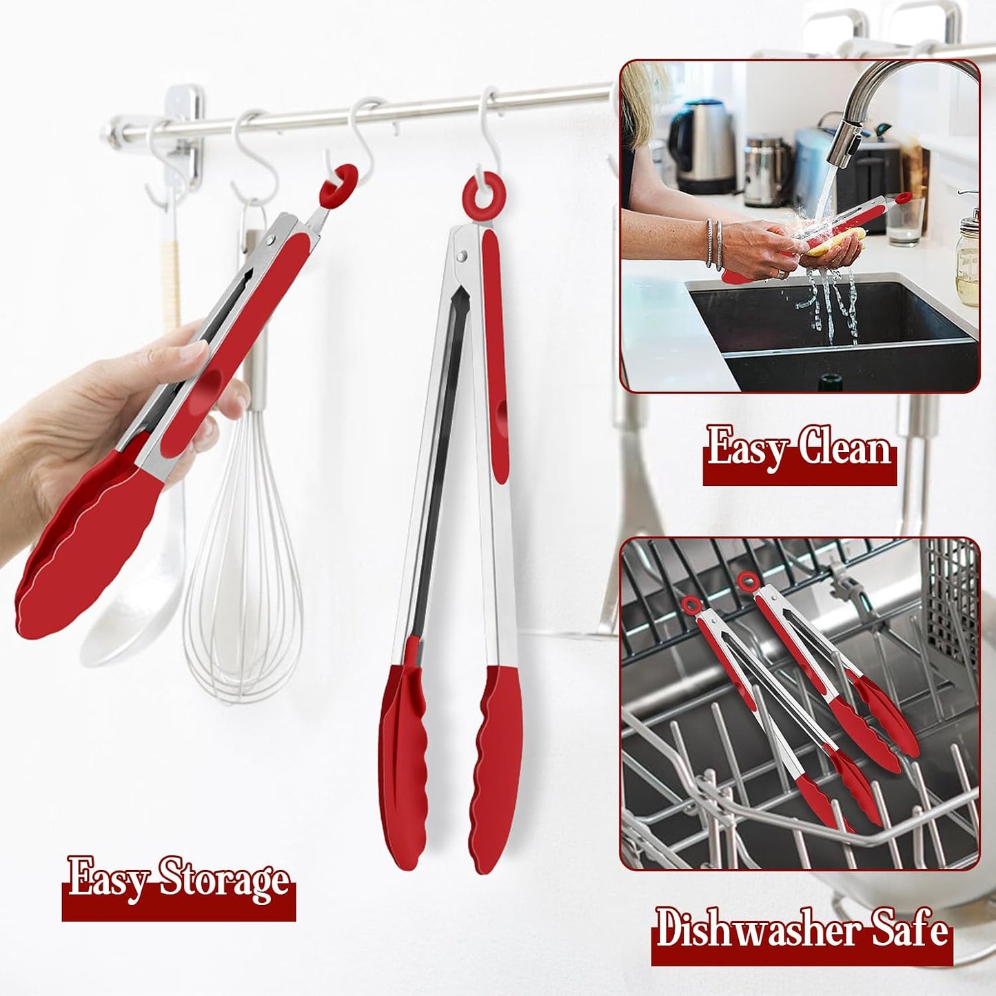 Kitchen Tongs, 9"&12" Stainless Steel Heat Resistant Cooking Tongs | with Silicone Tips for Cooking Grilling Serving & BBQ, Silicone Tongs, Locking Design & Dishwasher Safe, Set of 2 & Khaki