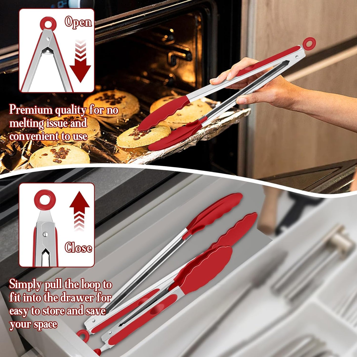 Kitchen Tongs, 9"&12" Stainless Steel Heat Resistant Cooking Tongs | with Silicone Tips for Cooking Grilling Serving & BBQ, Silicone Tongs, Locking Design & Dishwasher Safe, Set of 2 & Khaki