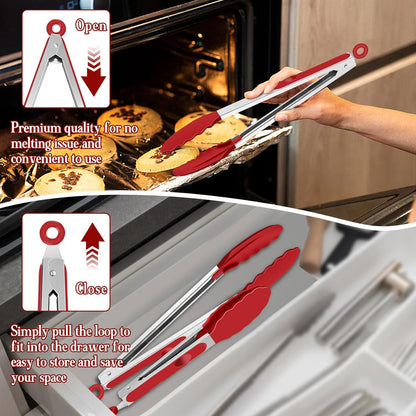 Kitchen Tongs, 9"&12" Stainless Steel Heat Resistant Cooking Tongs | with Silicone Tips for Cooking Grilling Serving & BBQ, Silicone Tongs, Locking Design & Dishwasher Safe, Set of 2 & Khaki