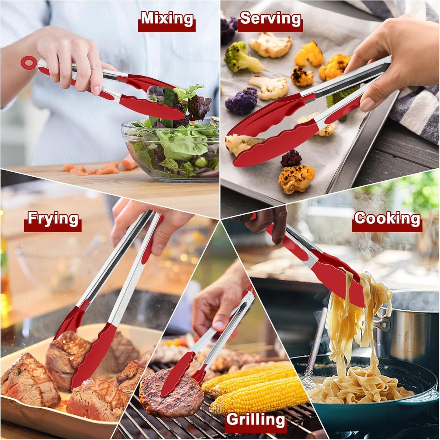 Kitchen Tongs, 9"&12" Stainless Steel Heat Resistant Cooking Tongs | with Silicone Tips for Cooking Grilling Serving & BBQ, Silicone Tongs, Locking Design & Dishwasher Safe, Set of 2 & Khaki