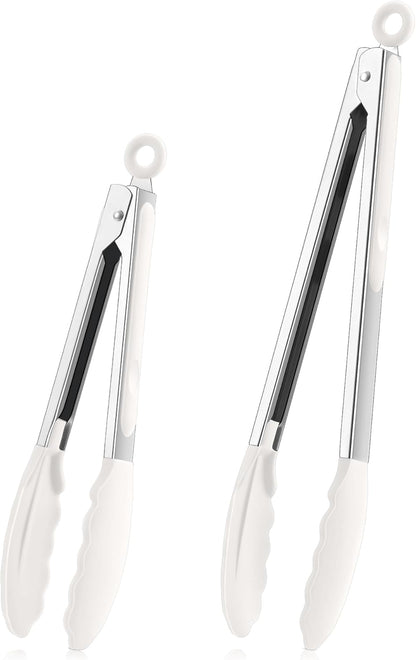 Kitchen Tongs, 9"&12" Stainless Steel Heat Resistant Cooking Tongs | with Silicone Tips for Cooking Grilling Serving & BBQ, Silicone Tongs, Locking Design & Dishwasher Safe, Set of 2 & Khaki