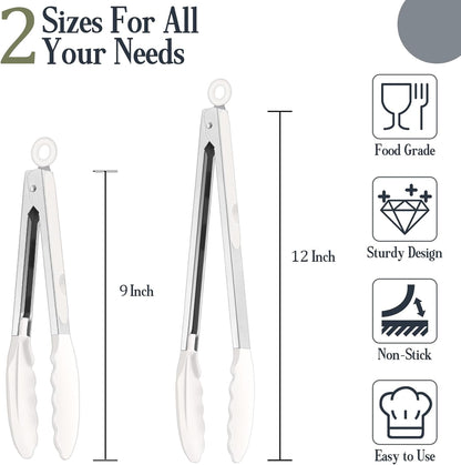 Kitchen Tongs, 9"&12" Stainless Steel Heat Resistant Cooking Tongs | with Silicone Tips for Cooking Grilling Serving & BBQ, Silicone Tongs, Locking Design & Dishwasher Safe, Set of 2 & Khaki