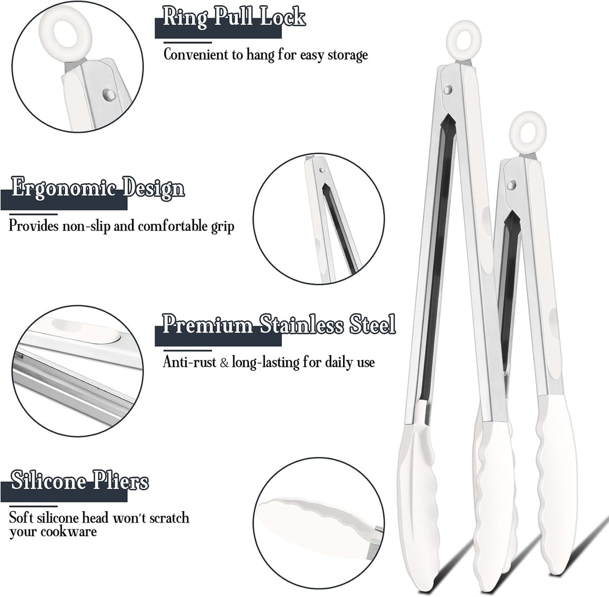 Kitchen Tongs, 9"&12" Stainless Steel Heat Resistant Cooking Tongs | with Silicone Tips for Cooking Grilling Serving & BBQ, Silicone Tongs, Locking Design & Dishwasher Safe, Set of 2 & Khaki