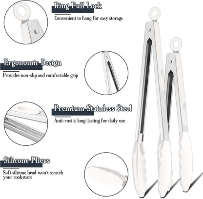 Kitchen Tongs, 9"&12" Stainless Steel Heat Resistant Cooking Tongs | with Silicone Tips for Cooking Grilling Serving & BBQ, Silicone Tongs, Locking Design & Dishwasher Safe, Set of 2 & Khaki