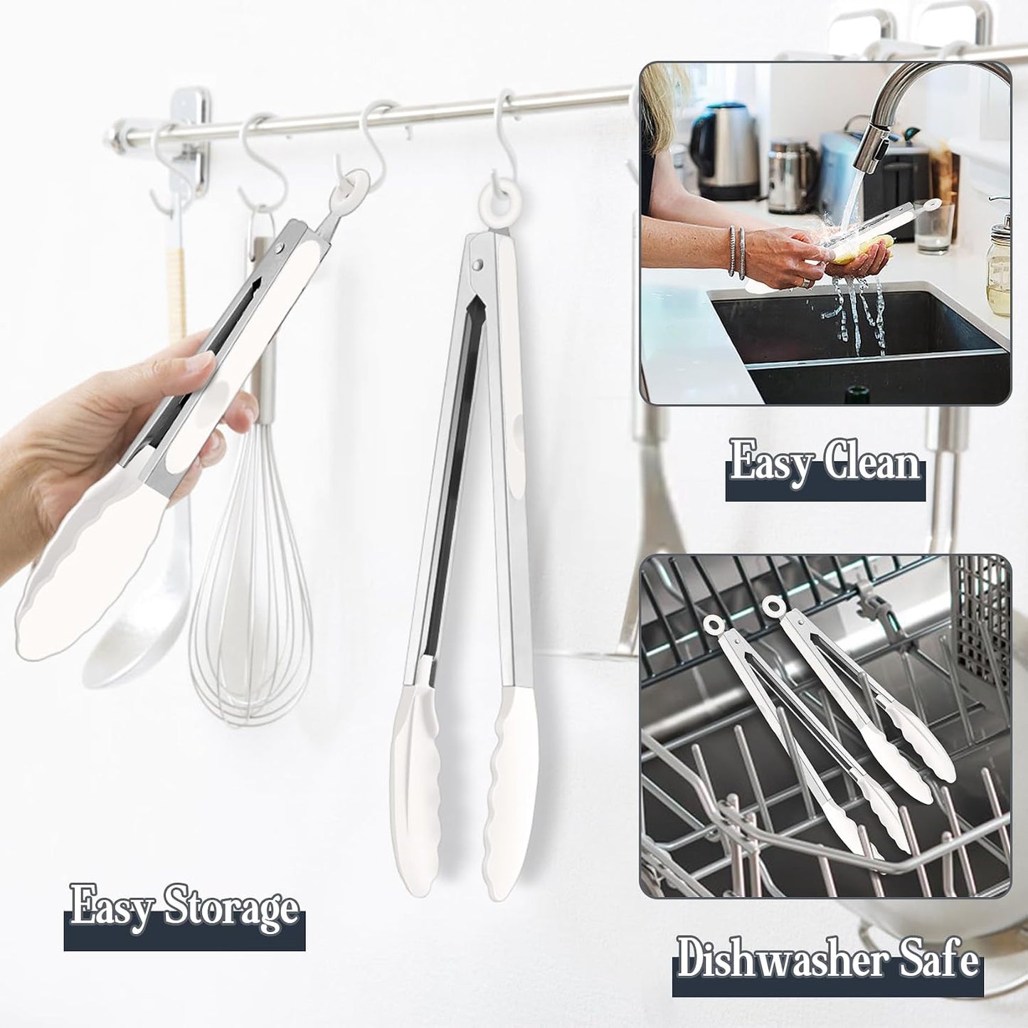 Kitchen Tongs, 9"&12" Stainless Steel Heat Resistant Cooking Tongs | with Silicone Tips for Cooking Grilling Serving & BBQ, Silicone Tongs, Locking Design & Dishwasher Safe, Set of 2 & Khaki