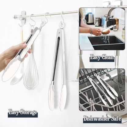 Kitchen Tongs, 9"&12" Stainless Steel Heat Resistant Cooking Tongs | with Silicone Tips for Cooking Grilling Serving & BBQ, Silicone Tongs, Locking Design & Dishwasher Safe, Set of 2 & Khaki