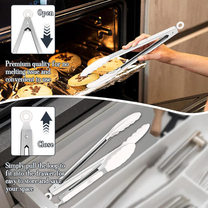 Kitchen Tongs, 9"&12" Stainless Steel Heat Resistant Cooking Tongs | with Silicone Tips for Cooking Grilling Serving & BBQ, Silicone Tongs, Locking Design & Dishwasher Safe, Set of 2 & Khaki