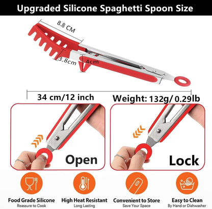 Upgraded 12inch Silicone Spaghetti Spoon & Pasta Tong,Non-stick Sturdy Pasta Fork with Teeth,Stainless Steel Handle Spaghetti Tong, Food Clip for Spaghetti Noodles,Server Spoon for Cooking and Serving
