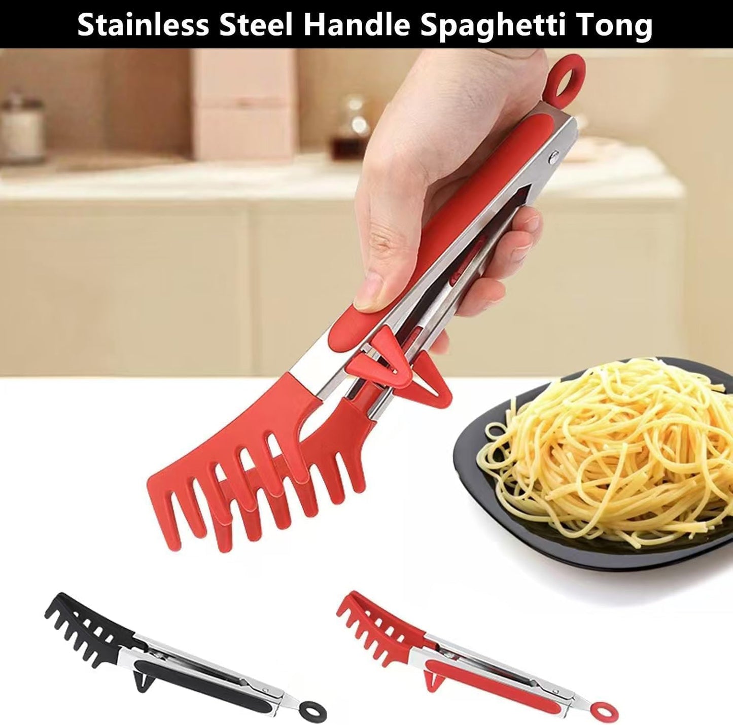 Upgraded 12inch Silicone Spaghetti Spoon & Pasta Tong,Non-stick Sturdy Pasta Fork with Teeth,Stainless Steel Handle Spaghetti Tong, Food Clip for Spaghetti Noodles,Server Spoon for Cooking and Serving