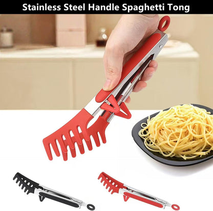 Upgraded 12inch Silicone Spaghetti Spoon & Pasta Tong,Non-stick Sturdy Pasta Fork with Teeth,Stainless Steel Handle Spaghetti Tong, Food Clip for Spaghetti Noodles,Server Spoon for Cooking and Serving