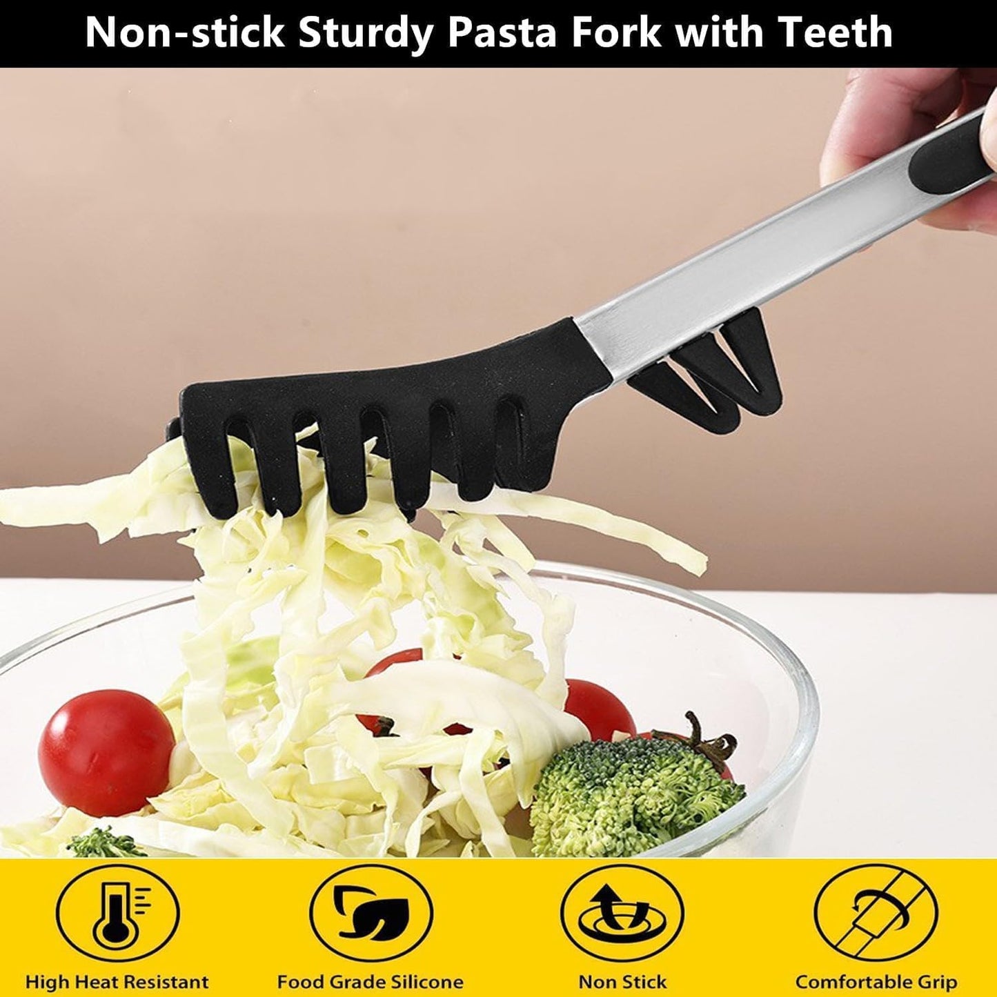 Upgraded 12inch Silicone Spaghetti Spoon & Pasta Tong,Non-stick Sturdy Pasta Fork with Teeth,Stainless Steel Handle Spaghetti Tong, Food Clip for Spaghetti Noodles,Server Spoon for Cooking and Serving