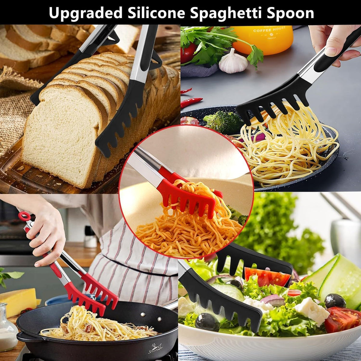 Upgraded 12inch Silicone Spaghetti Spoon & Pasta Tong,Non-stick Sturdy Pasta Fork with Teeth,Stainless Steel Handle Spaghetti Tong, Food Clip for Spaghetti Noodles,Server Spoon for Cooking and Serving