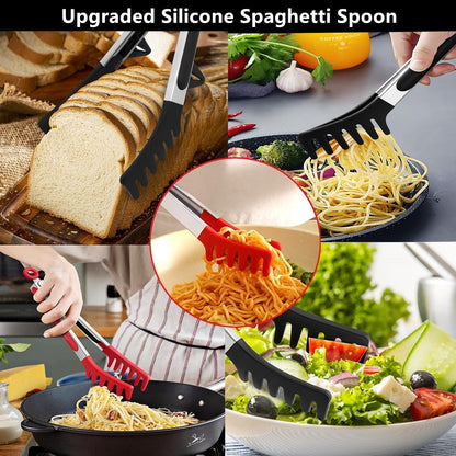 Upgraded 12inch Silicone Spaghetti Spoon & Pasta Tong,Non-stick Sturdy Pasta Fork with Teeth,Stainless Steel Handle Spaghetti Tong, Food Clip for Spaghetti Noodles,Server Spoon for Cooking and Serving
