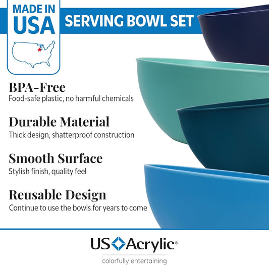 Vista Durable Plastic Salad and Serving 10-inch Bowls | Set of 4 in Coastal Colors | Reusable, BPA-free, Made in the USA | 135 oz. capacity
