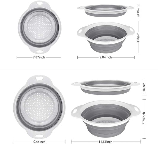 Collapsible Colander and Strainer Set of 3-2 PC 4 Quart(1 gal) and 1 PC 2 Quart(0.5 gal) - BPA Free & Dishwasher-safe Silicone Kitchen Foldable Strainer for Pasta, Veggies