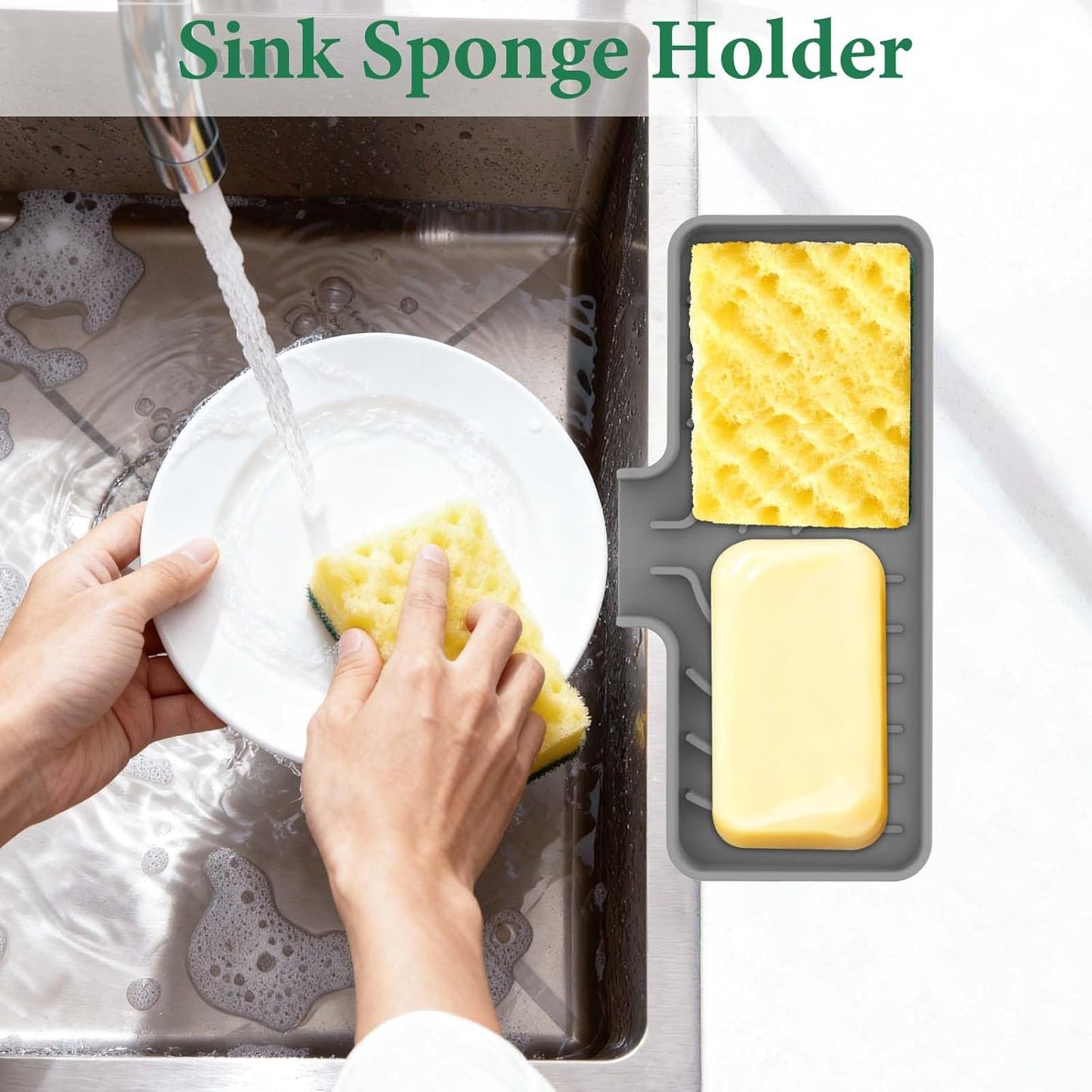 Sponge Holder for Kitchen Sink, 10"x 4" Kitchen Sink Organizer, Sink Caddy and Soap Tray,Compatible with Scrub Daddy, Kitchen Sink Accessories (Grey)