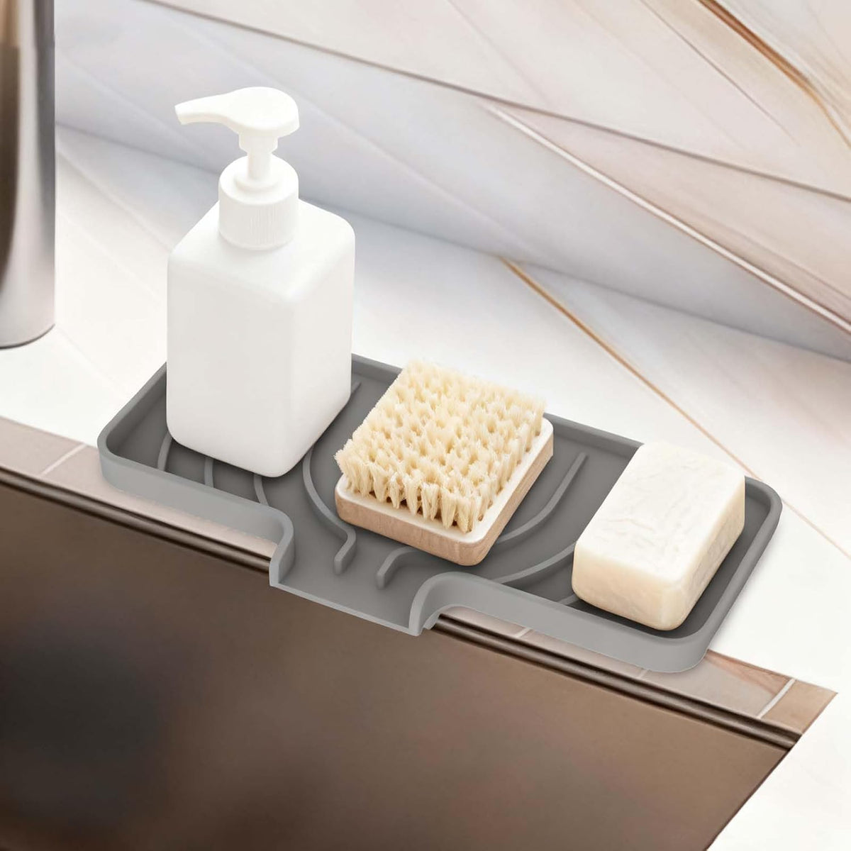 Sponge Holder for Kitchen Sink, 10"x 4" Kitchen Sink Organizer, Sink Caddy and Soap Tray,Compatible with Scrub Daddy, Kitchen Sink Accessories (Grey)
