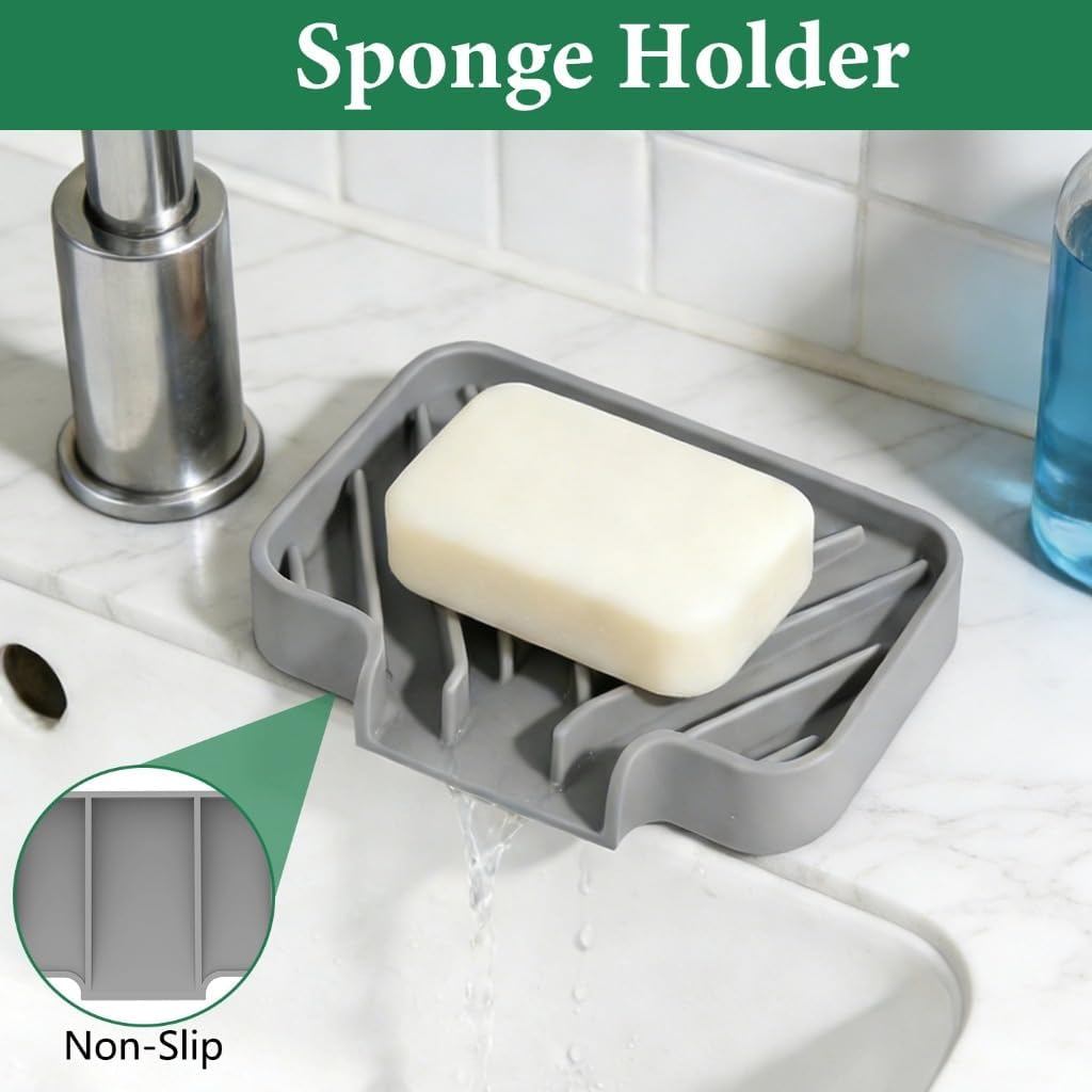 Sponge Holder for Kitchen Sink, 10"x 4" Kitchen Sink Organizer, Sink Caddy and Soap Tray,Compatible with Scrub Daddy, Kitchen Sink Accessories (Grey)