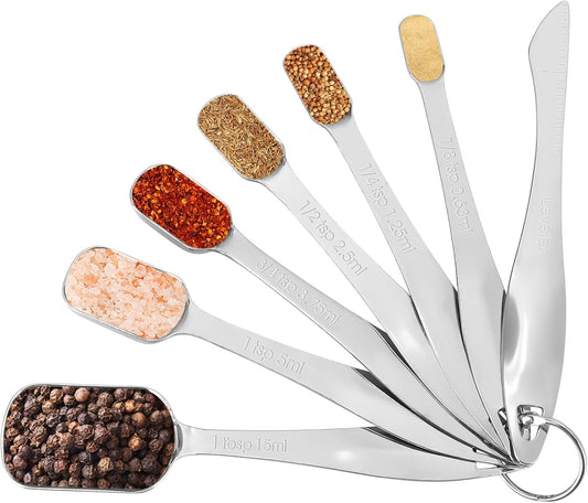 Measuring Spoons, Stainless Steel Measuring Spoons with Leveler, Set of 7 | Food Grade Stainless Steel Material, Stackable Rectangular Tablespoon and Teaspoon for Baking, Cooking Measuring Dry & Liquid