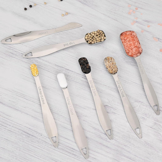 Measuring Spoons, Stainless Steel Measuring Spoons with Leveler, Set of 7 | Food Grade Stainless Steel Material, Stackable Rectangular Tablespoon and Teaspoon for Baking, Cooking Measuring Dry & Liquid