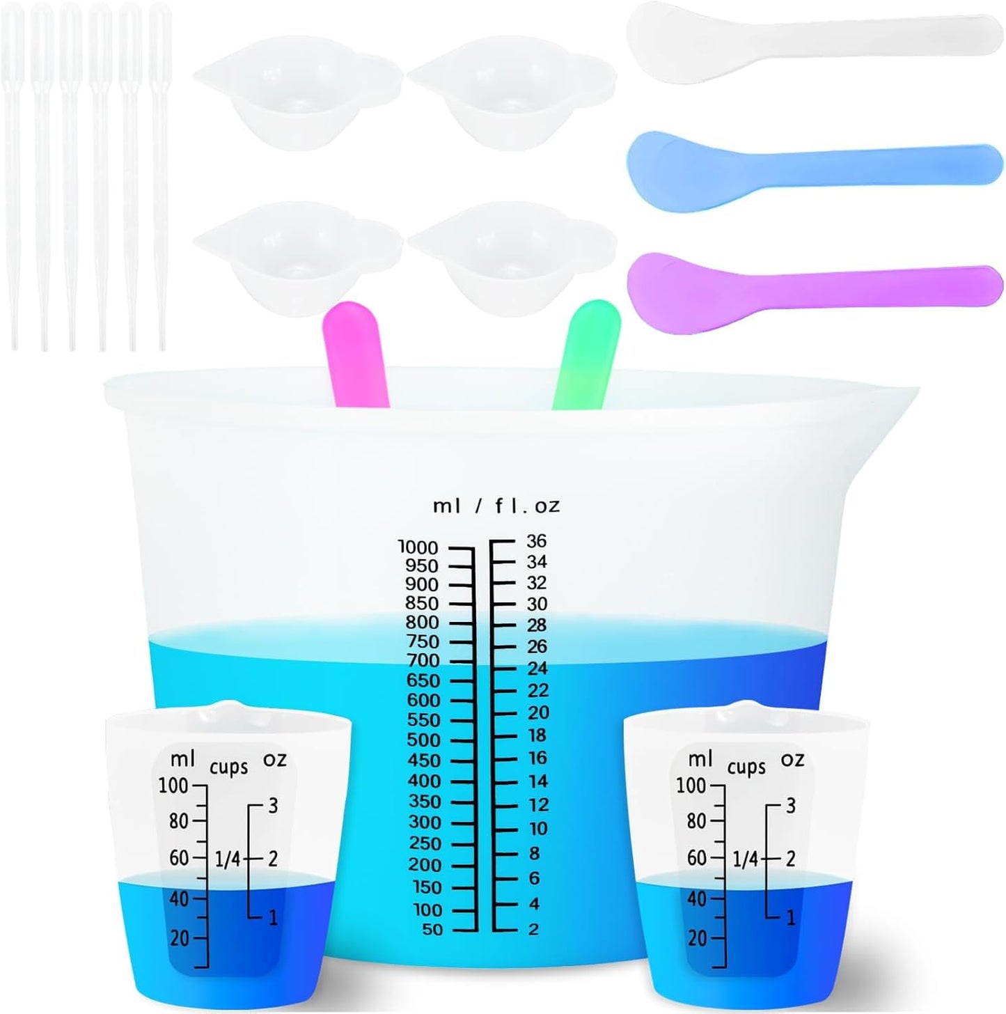 1000ML Large Silicone Measuring Cups for Resin, Easy to Read 36oz Silicone Mixing Bowl with 100ML Mixing Cup, Easy Clean Reusable Epoxy Resin Supplies with Stir Stick, Pipettes