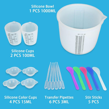 1000ML Large Silicone Measuring Cups for Resin, Easy to Read 36oz Silicone Mixing Bowl with 100ML Mixing Cup, Easy Clean Reusable Epoxy Resin Supplies with Stir Stick, Pipettes