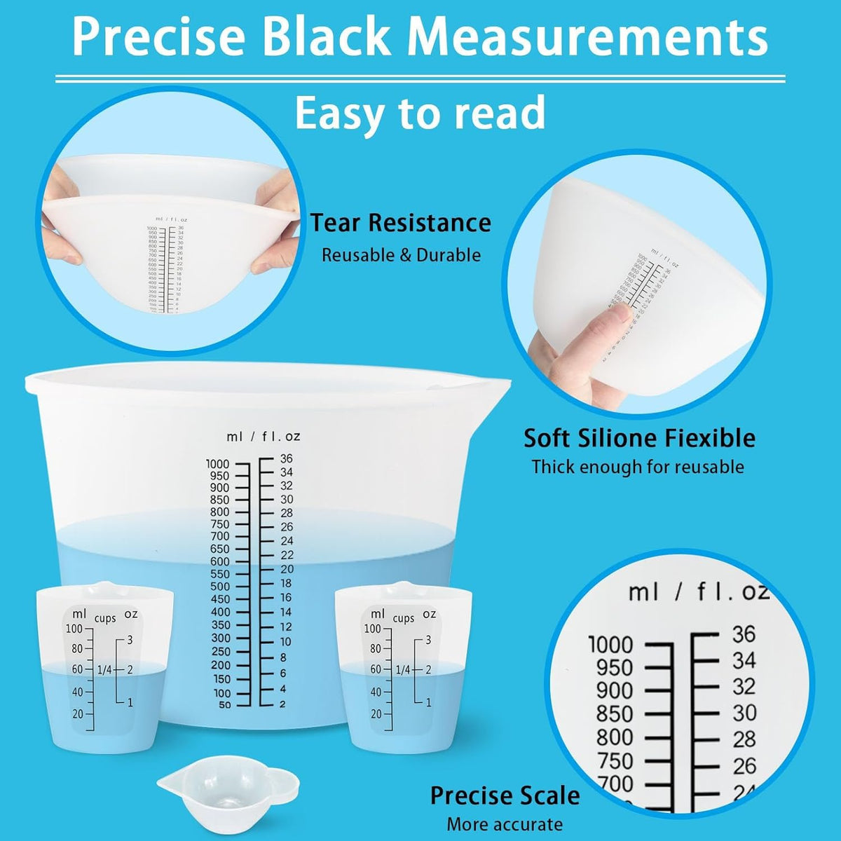 1000ML Large Silicone Measuring Cups for Resin, Easy to Read 36oz Silicone Mixing Bowl with 100ML Mixing Cup, Easy Clean Reusable Epoxy Resin Supplies with Stir Stick, Pipettes