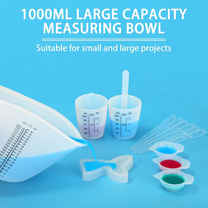 1000ML Large Silicone Measuring Cups for Resin, Easy to Read 36oz Silicone Mixing Bowl with 100ML Mixing Cup, Easy Clean Reusable Epoxy Resin Supplies with Stir Stick, Pipettes