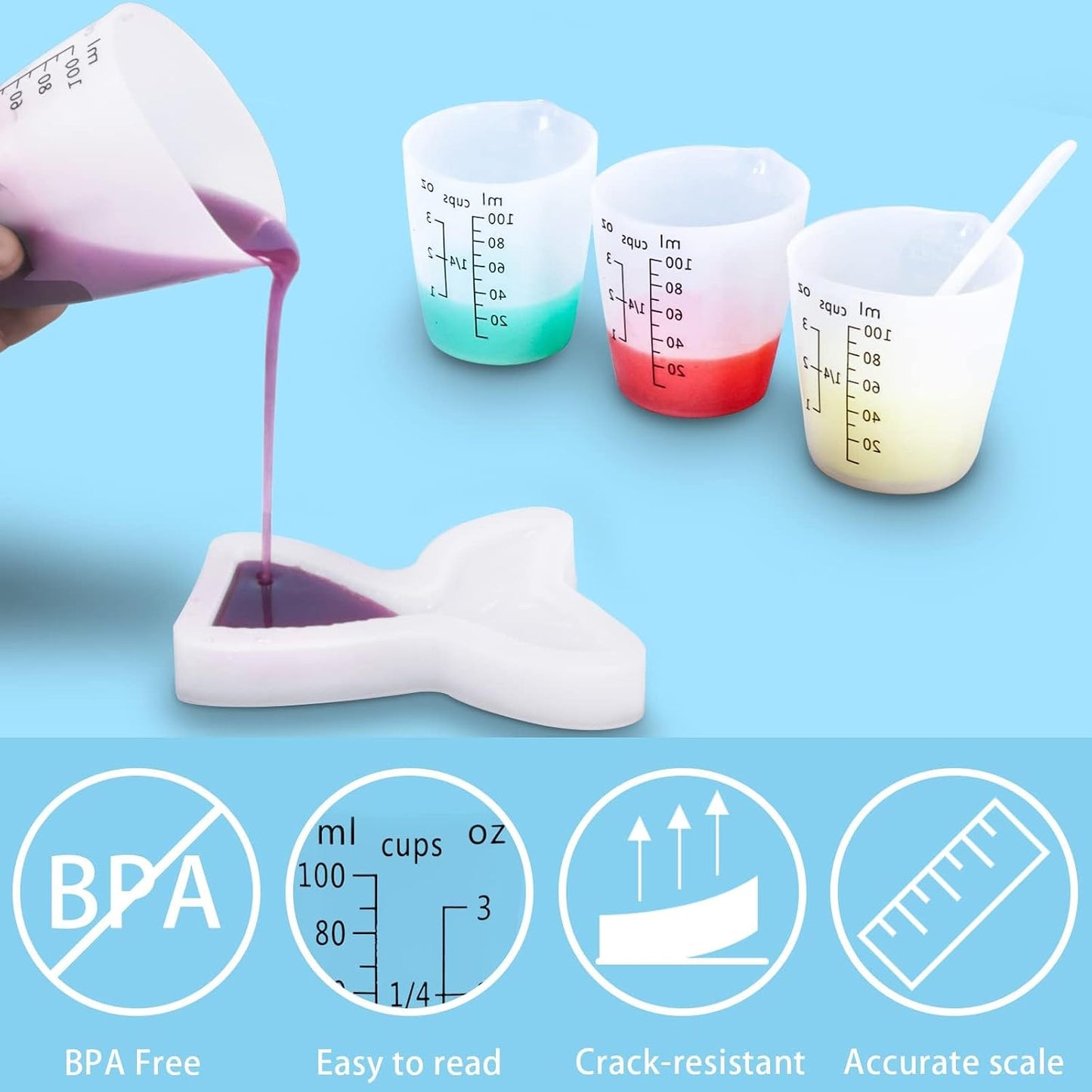 1000ML Large Silicone Measuring Cups for Resin, Easy to Read 36oz Silicone Mixing Bowl with 100ML Mixing Cup, Easy Clean Reusable Epoxy Resin Supplies with Stir Stick, Pipettes