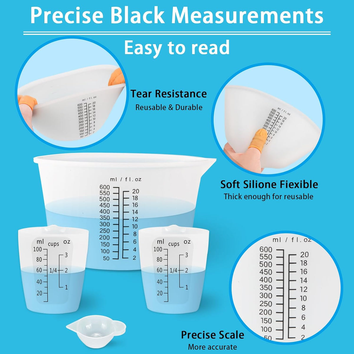 1000ML Large Silicone Measuring Cups for Resin, Easy to Read 36oz Silicone Mixing Bowl with 100ML Mixing Cup, Easy Clean Reusable Epoxy Resin Supplies with Stir Stick, Pipettes