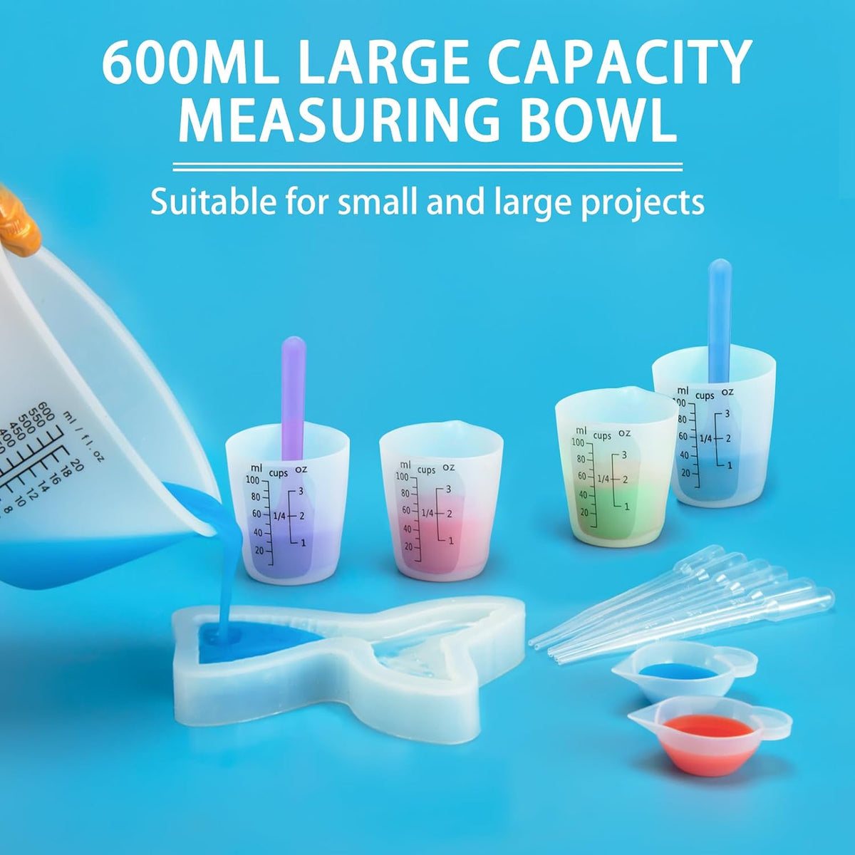 1000ML Large Silicone Measuring Cups for Resin, Easy to Read 36oz Silicone Mixing Bowl with 100ML Mixing Cup, Easy Clean Reusable Epoxy Resin Supplies with Stir Stick, Pipettes