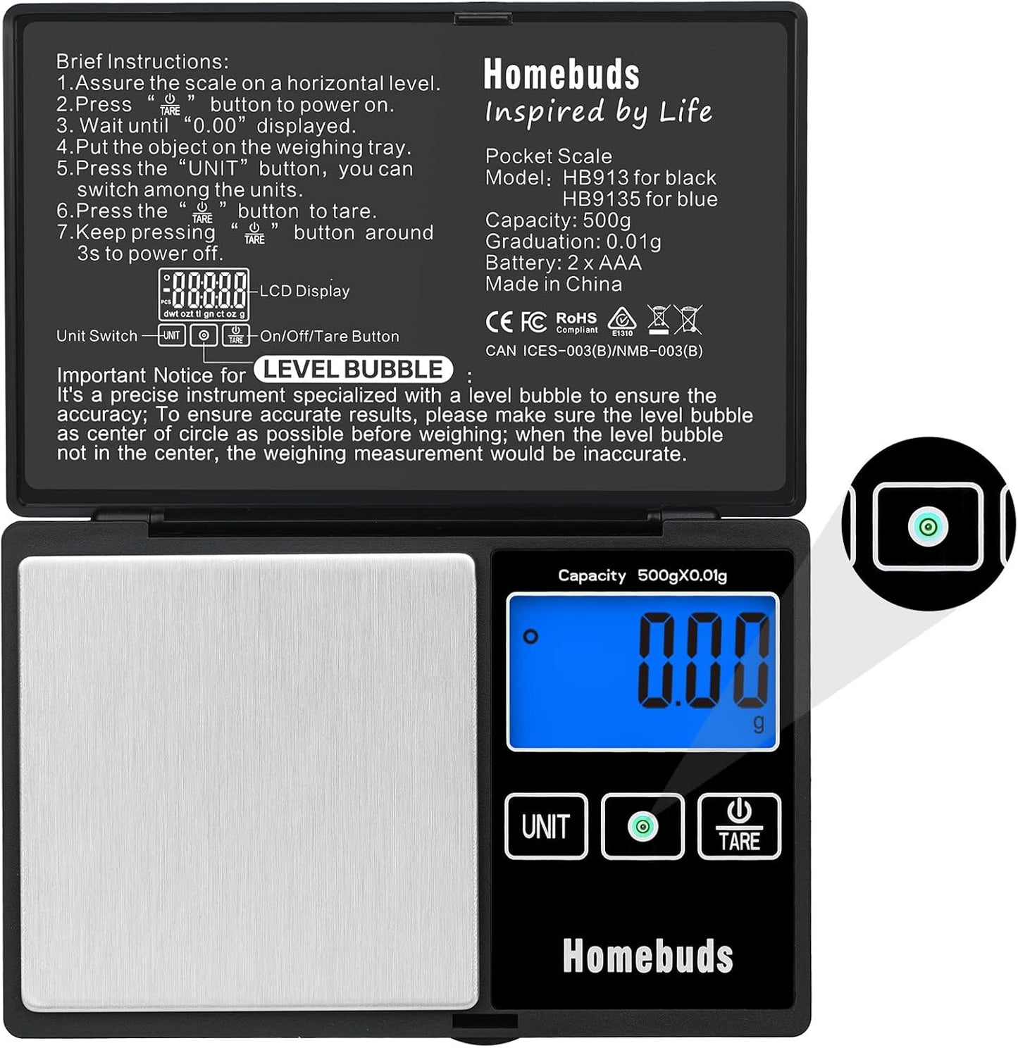 500g Digital Gram Scale High Precision in 0.01g with Level Bubble, Assured by Food Scale Professional Factory Since 2001, Pocket Scale for Lab, Kitchen, Coffee, Jewelry; 2*AAA, Black