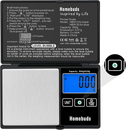 500g Digital Gram Scale High Precision in 0.01g with Level Bubble, Assured by Food Scale Professional Factory Since 2001, Pocket Scale for Lab, Kitchen, Coffee, Jewelry; 2*AAA, Black