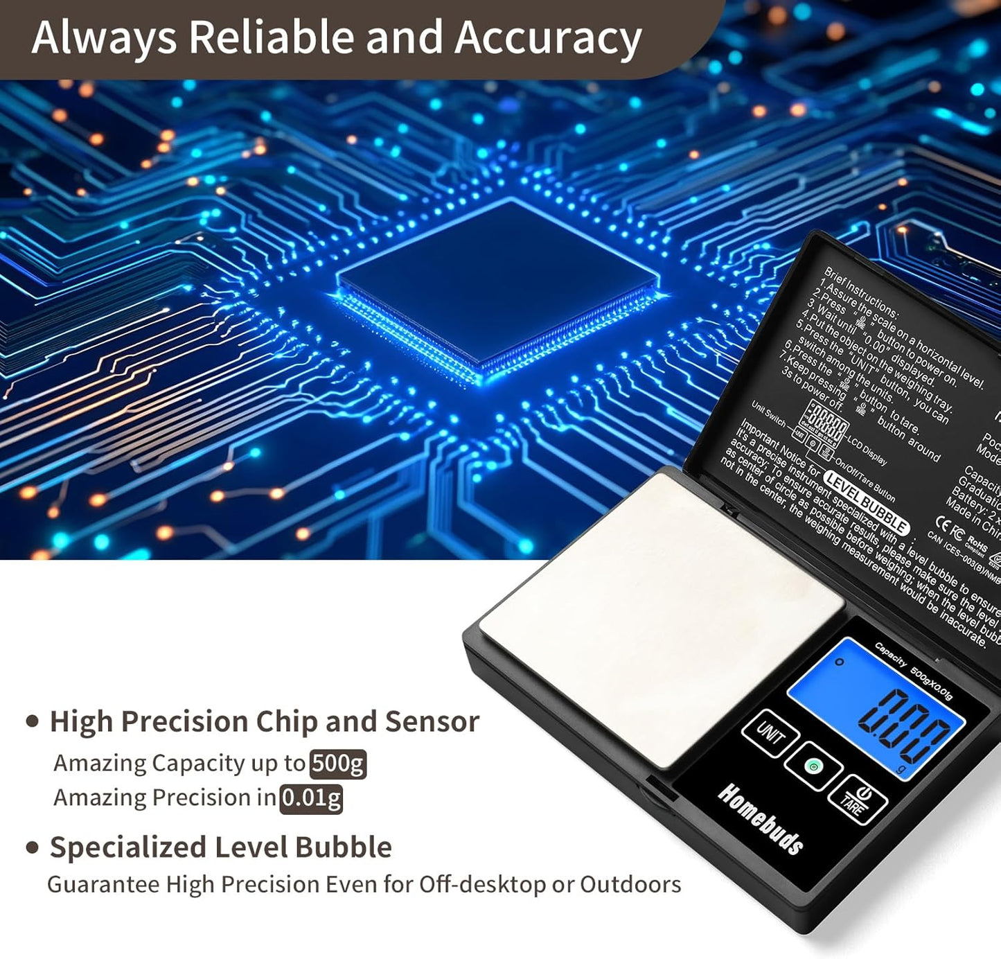 500g Digital Gram Scale High Precision in 0.01g with Level Bubble, Assured by Food Scale Professional Factory Since 2001, Pocket Scale for Lab, Kitchen, Coffee, Jewelry; 2*AAA, Black