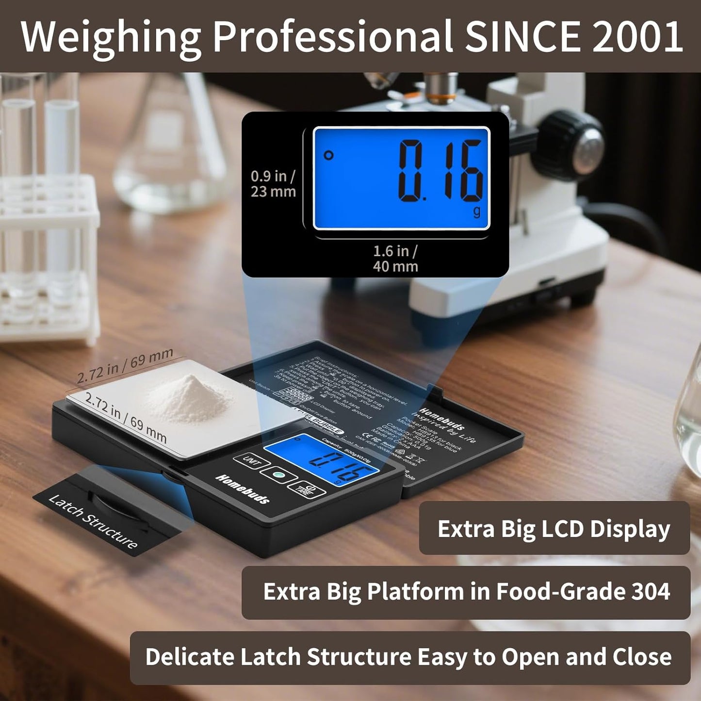 500g Digital Gram Scale High Precision in 0.01g with Level Bubble, Assured by Food Scale Professional Factory Since 2001, Pocket Scale for Lab, Kitchen, Coffee, Jewelry; 2*AAA, Black