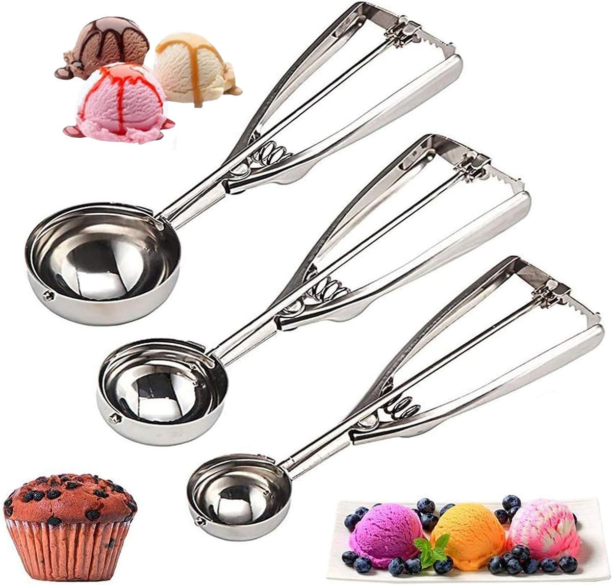 Cookie Scoop Set 3 PCS, with Trigger Large-Medium-Small Size for Kitchen Family Ice Cream Cookie Cupcake Muffin Meatbal multipurpose tainless Steel Ice Cream Scooper