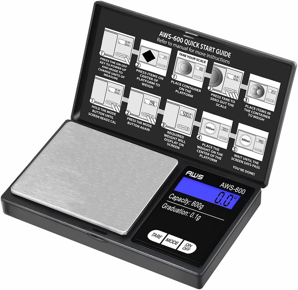 Digital Pocket Scale 600g x 0.1g with LCD Display Gram, Ounce, Carat, Grain for Coins, Jewellery, Gemstones, Metals, Kitchen, Food & Medicines – Black