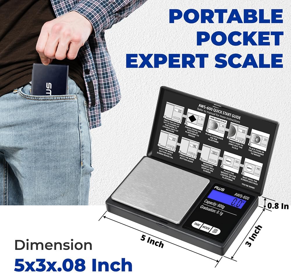 Digital Pocket Scale 600g x 0.1g with LCD Display Gram, Ounce, Carat, Grain for Coins, Jewellery, Gemstones, Metals, Kitchen, Food & Medicines – Black