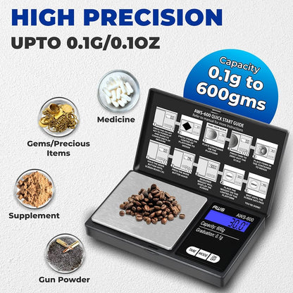 Digital Pocket Scale 600g x 0.1g with LCD Display Gram, Ounce, Carat, Grain for Coins, Jewellery, Gemstones, Metals, Kitchen, Food & Medicines – Black