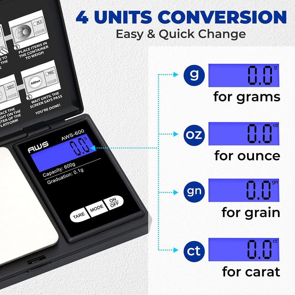 Digital Pocket Scale 600g x 0.1g with LCD Display Gram, Ounce, Carat, Grain for Coins, Jewellery, Gemstones, Metals, Kitchen, Food & Medicines – Black