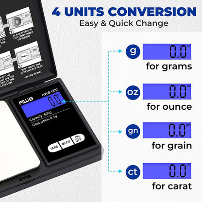 Digital Pocket Scale 600g x 0.1g with LCD Display Gram, Ounce, Carat, Grain for Coins, Jewellery, Gemstones, Metals, Kitchen, Food & Medicines – Black