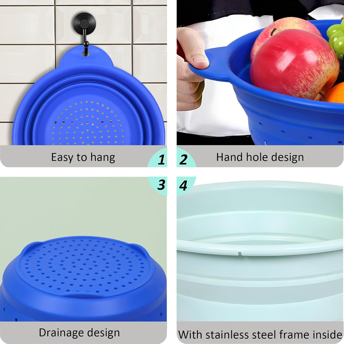 Collapsible Silicone Colander Basin Set, Thickened Strainer bowl, for Kitchen, RV, Camping, Draining Pasta, Washing Fruit, Vegetable