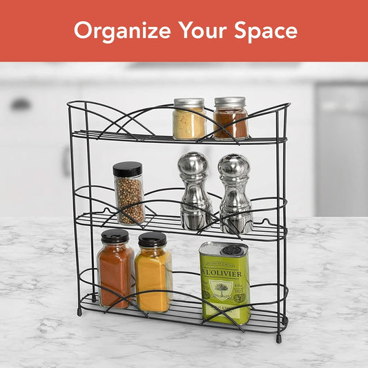 3 Tier Spice Rack Organizer Black Countertop Wire Shelf Spice Rack for Modern Kitchen Pantry Cabinet, Organize Spices with Three Tier Spice Shelf for Kitchen Storage with Wall Mount Option