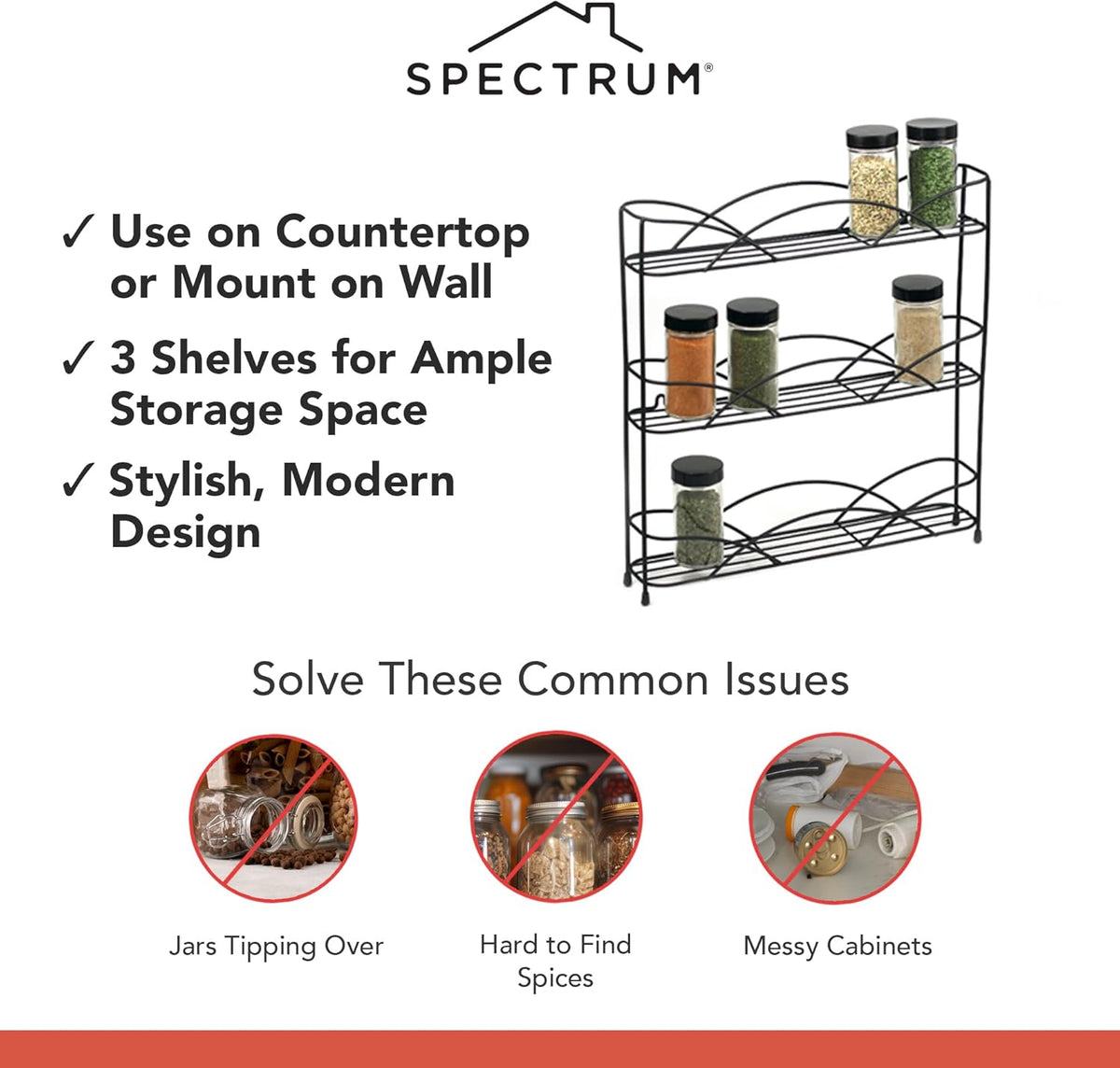 3 Tier Spice Rack Organizer Black Countertop Wire Shelf Spice Rack for Modern Kitchen Pantry Cabinet, Organize Spices with Three Tier Spice Shelf for Kitchen Storage with Wall Mount Option