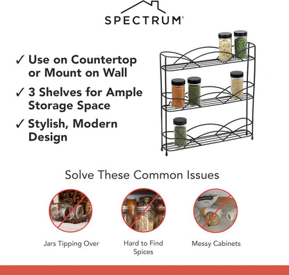 3 Tier Spice Rack Organizer Black Countertop Wire Shelf Spice Rack for Modern Kitchen Pantry Cabinet, Organize Spices with Three Tier Spice Shelf for Kitchen Storage with Wall Mount Option