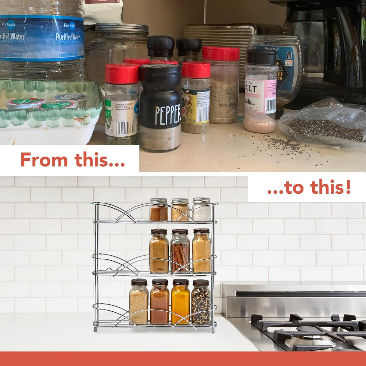 3 Tier Spice Rack Organizer Black Countertop Wire Shelf Spice Rack for Modern Kitchen Pantry Cabinet, Organize Spices with Three Tier Spice Shelf for Kitchen Storage with Wall Mount Option